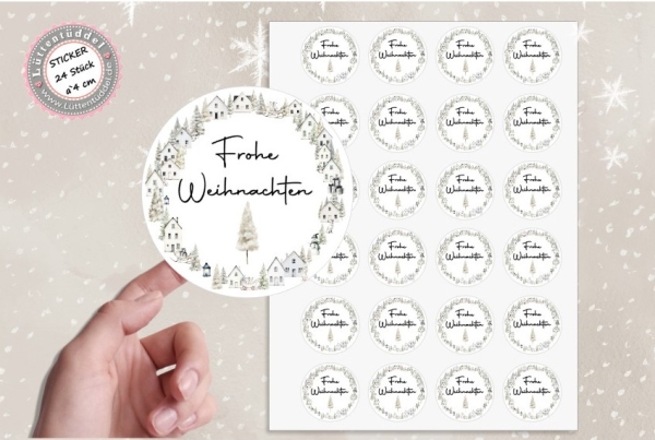 24 zuckersüßer Sticker Aufkleber 4cm Frohe Weihnachten Stadt   für Geschenk, Paket, Brief, Verpackung Give aways Christmas von Lüttentüddel®